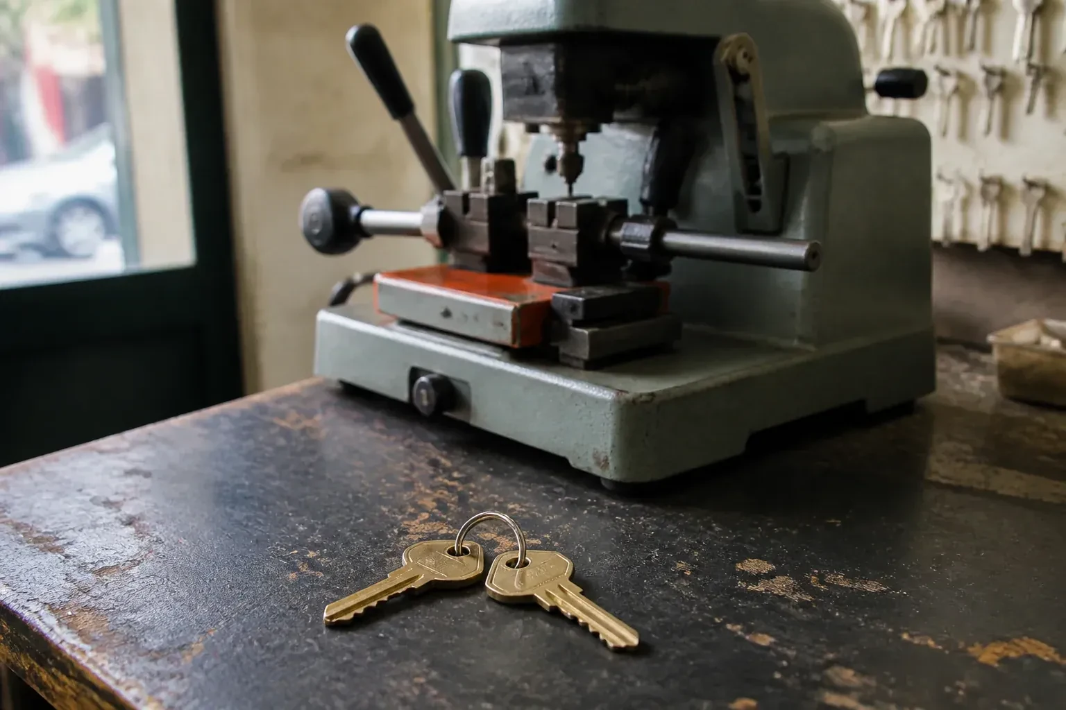 Two brass house keys on a ring resting on a workshop counter. — Spare Car Key Duplication, Brampton