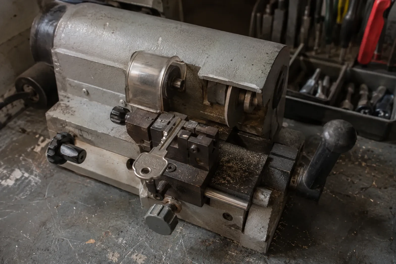 Metal key-cutting machine with a key clamped in its vise, a clear guard over the cutter and a black handle. — Brampton