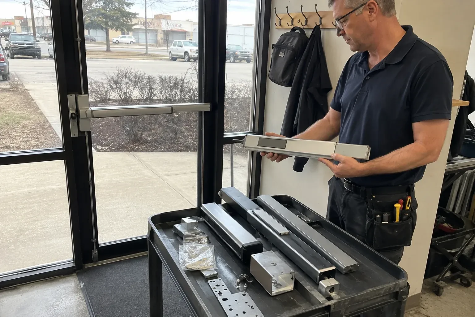 Person holding a long metal door-hardware assembly beside a cart of similar parts and a glass door fitted with a push bar. — Panic & Exit Hardware, Brampton