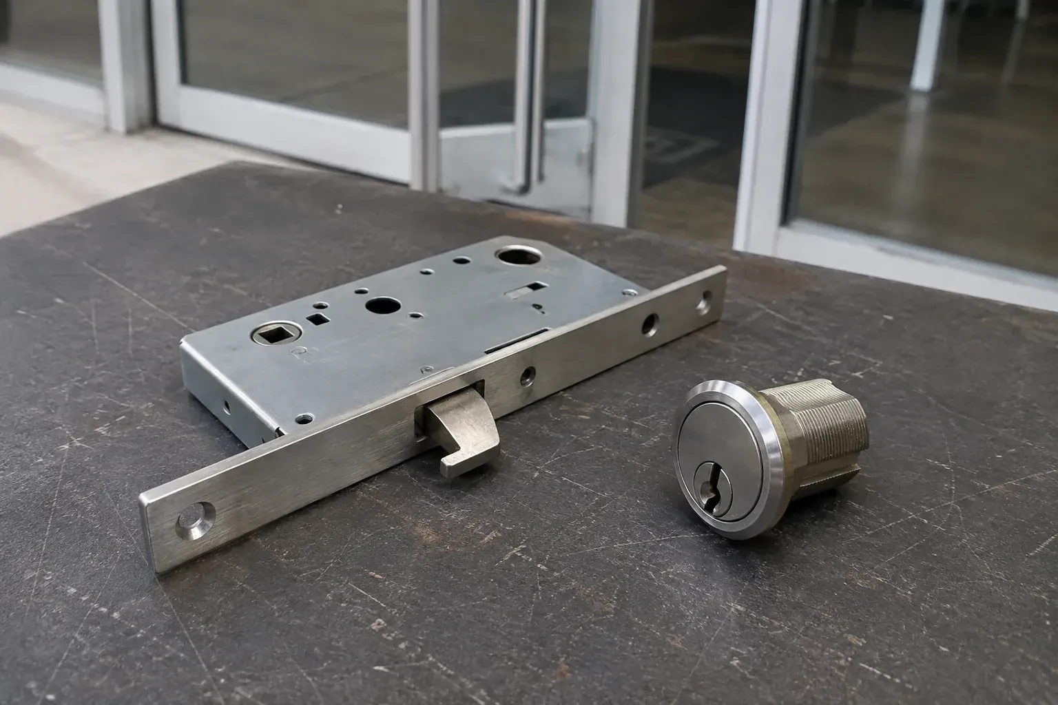 Detached mortise lock body with a projecting hook-shaped bolt beside a threaded cylinder. — Commercial-Grade Lock Replacement, Brampton