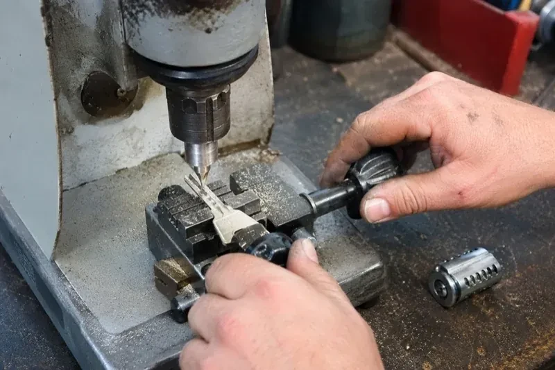 Hands operating a bench-mounted machine with a key clamped beneath a vertical cutter and a loose lock cylinder nearby. — Car Key Replacement, Brampton