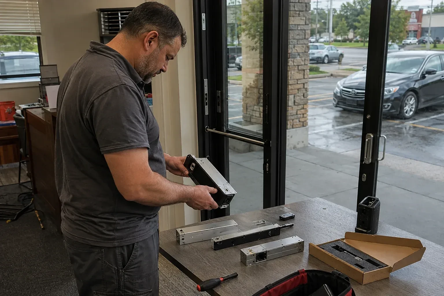 Person holding a rectangular door-hardware housing at a table with additional metal assemblies beside a glass entrance. — Access Control Installation, Brampton
