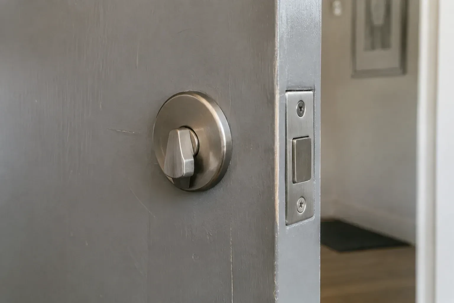 Close view of a satin-nickel deadbolt thumbturn and edge faceplate on a painted timber door. — Deadbolt Installation, Brampton