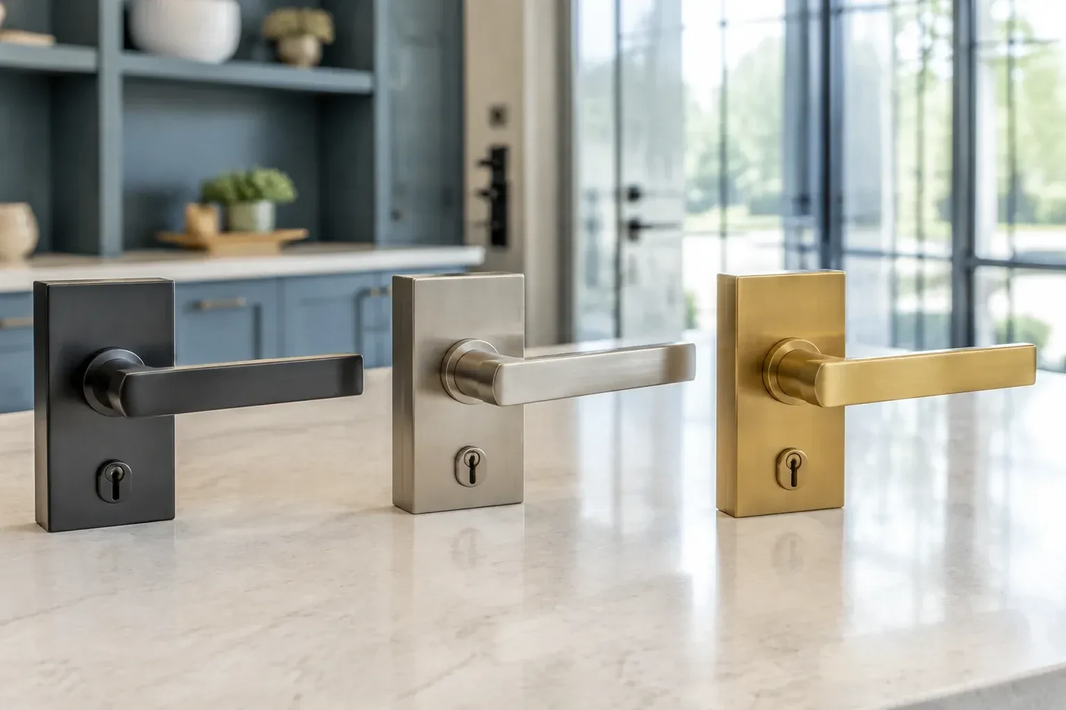 Three rectangular door-handle sets with keyholes in black, silver-colored and gold-colored finishes standing on a countertop. — Commercial Rekeying, Brampton