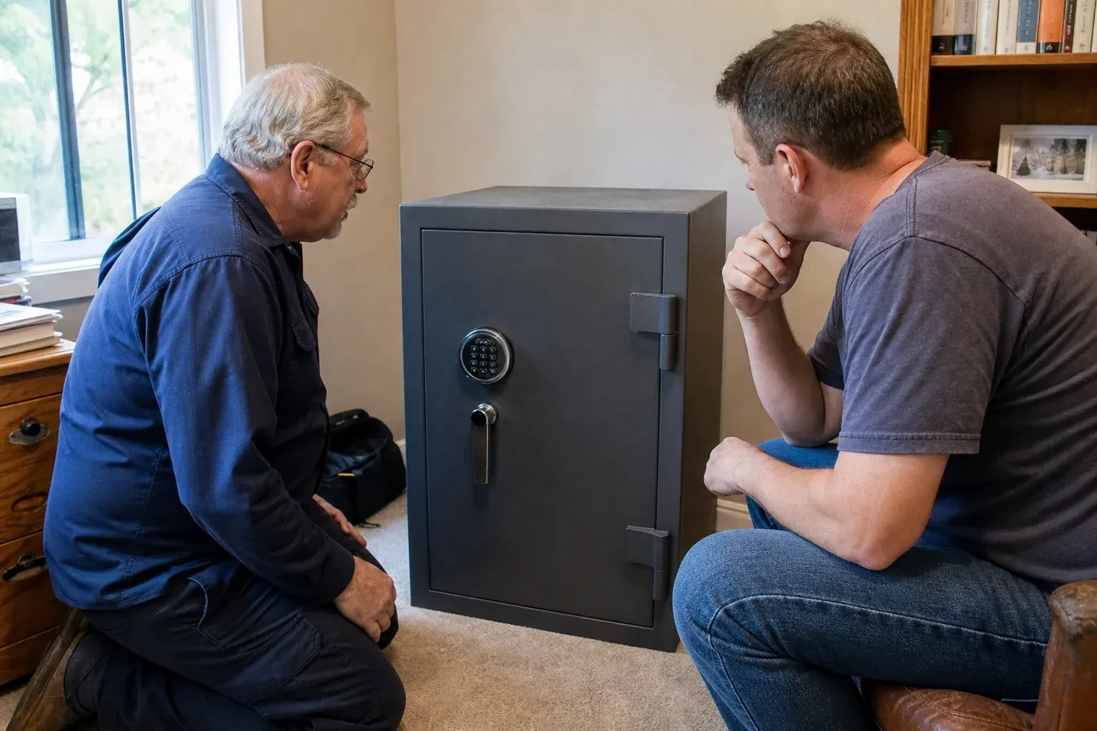 Two adults discussing a closed keypad safe in a home study. — Safe Opening & Combination Change, Brampton