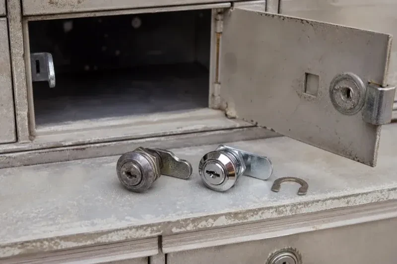 Two loose cam locks and a retaining clip resting below an open metal mailbox compartment. — Mailbox Lock Replacement, Brampton