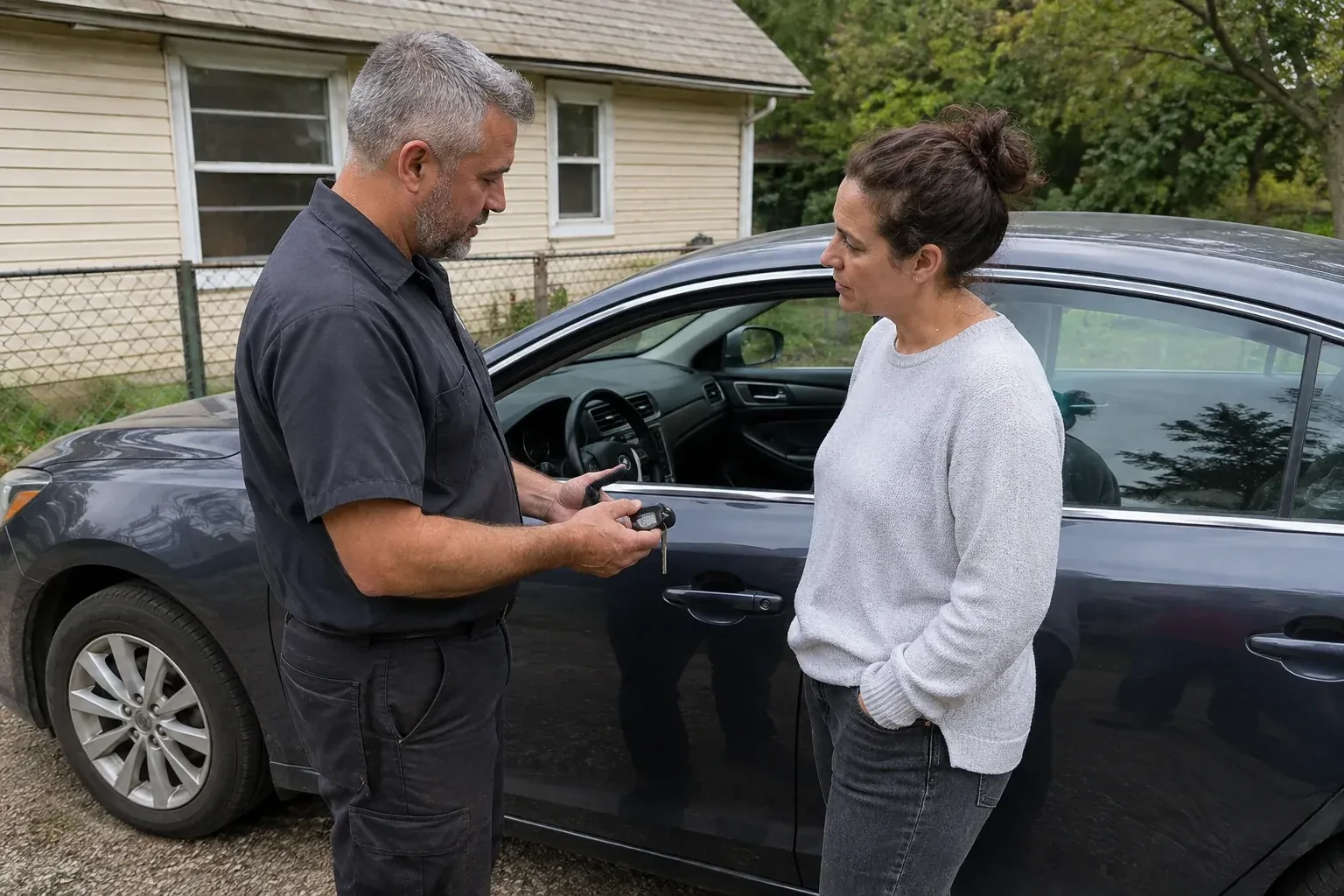 Two people standing beside a car with its window lowered, one holding a key and black key fob. — Ignition Lock Repair, Brampton